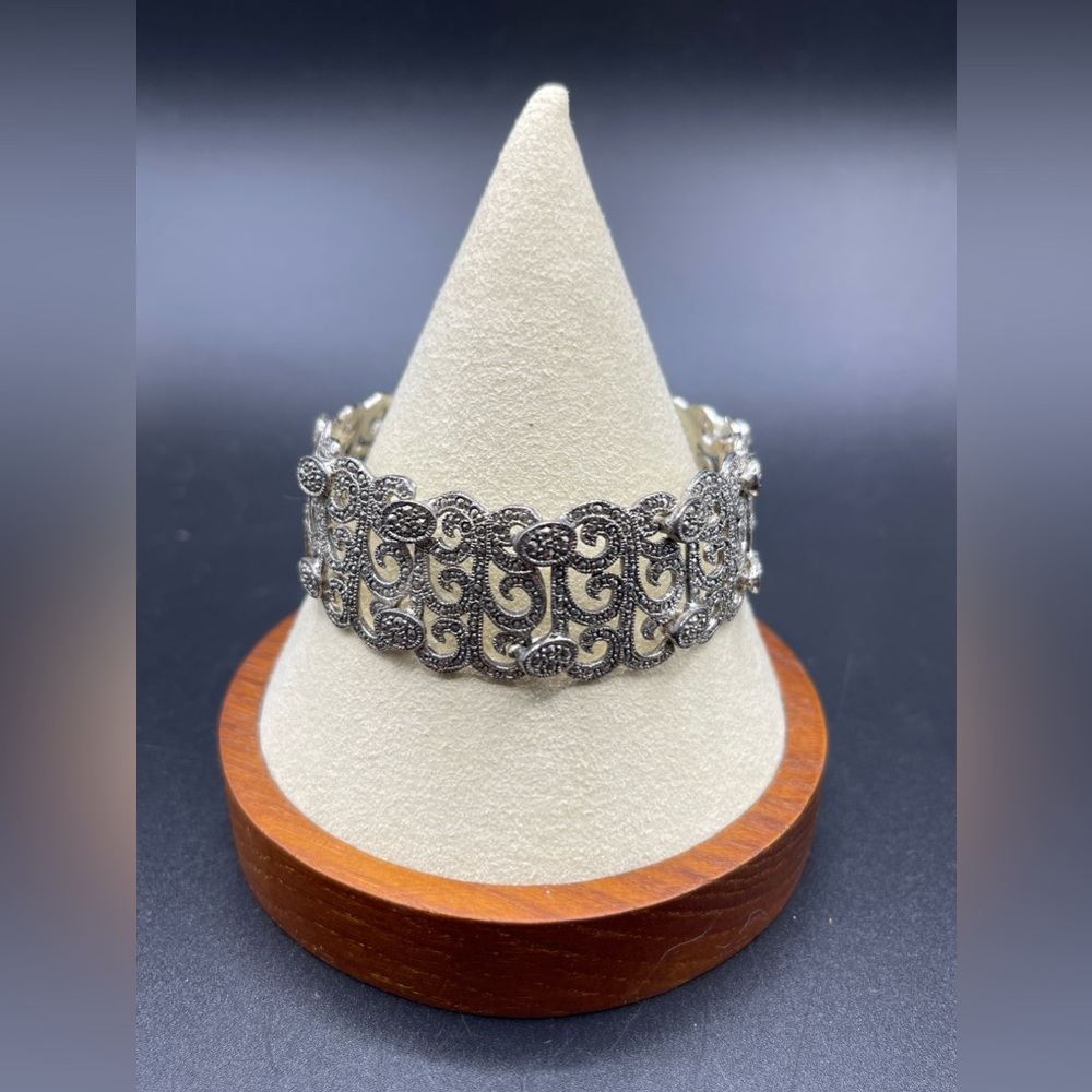 Art Deco Style Silver Tone With Rhinestones Line Link Tennis Bracelet Vintage